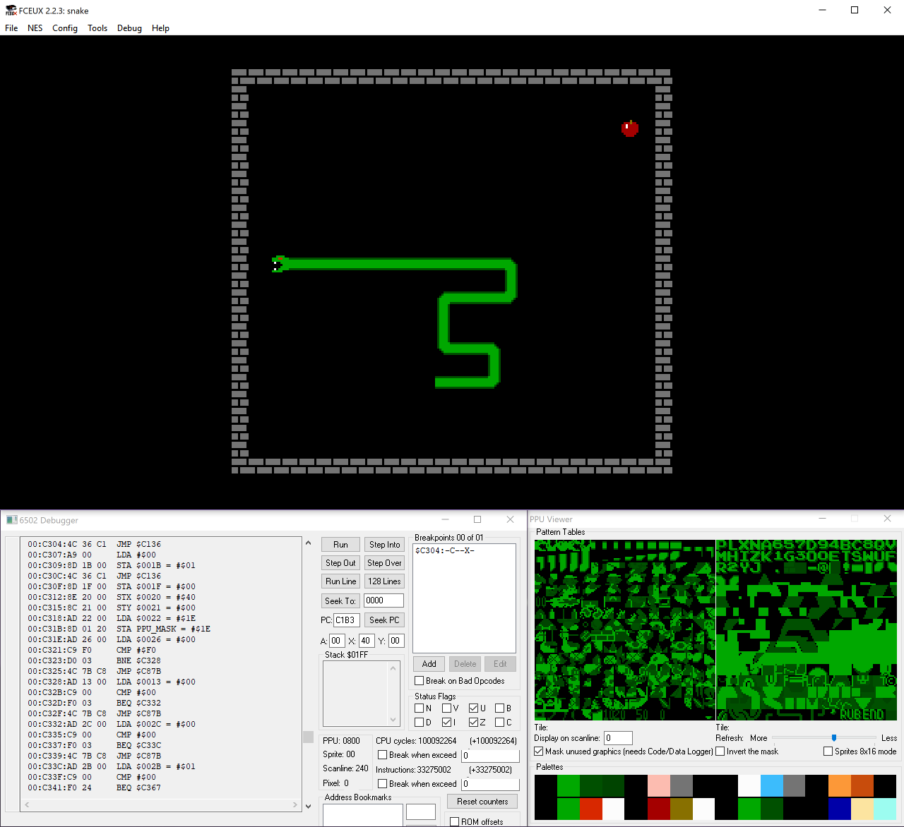 FCEUX Debugger executing snake